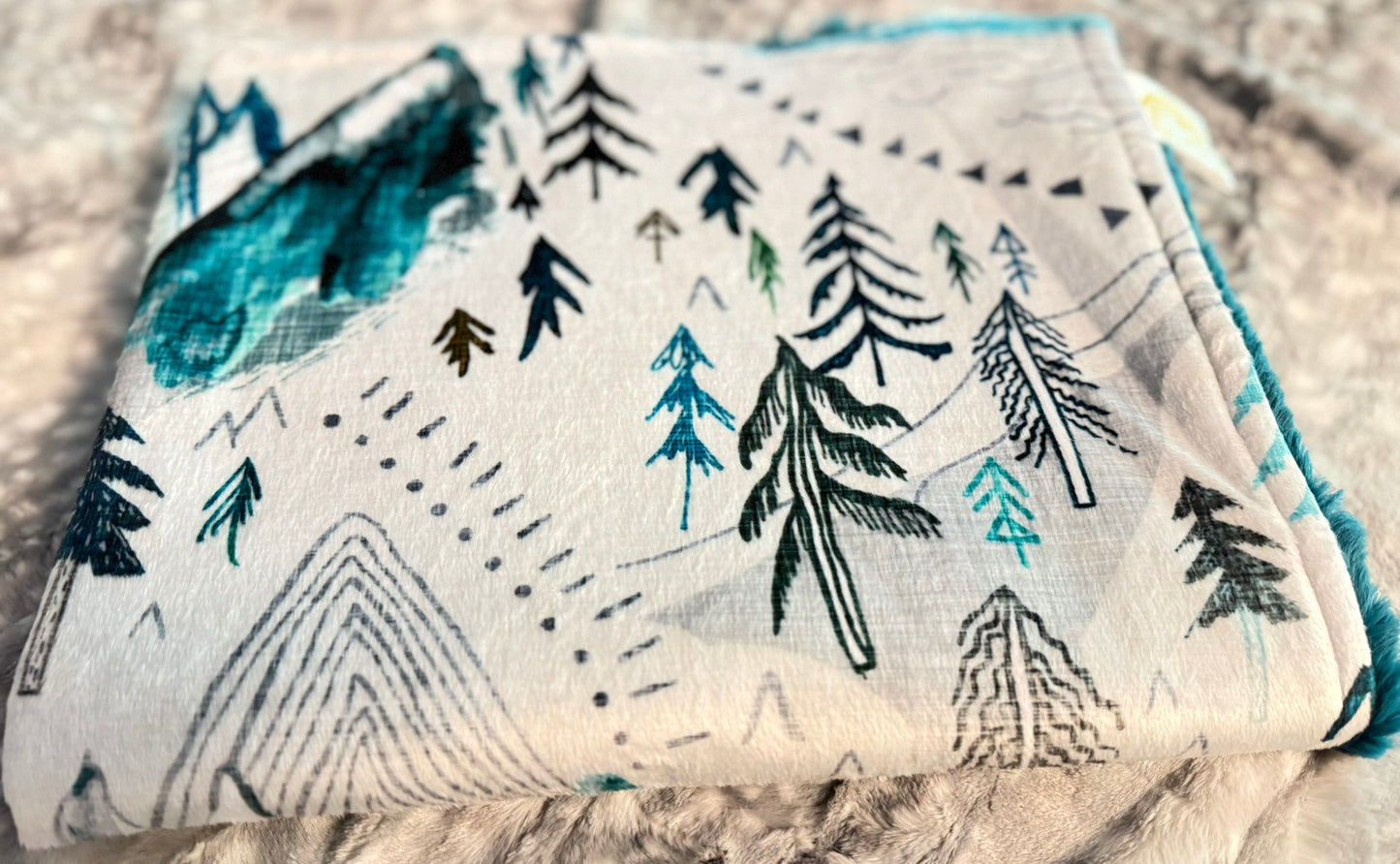 Boho Mountains Blue Minky Baby Blanket